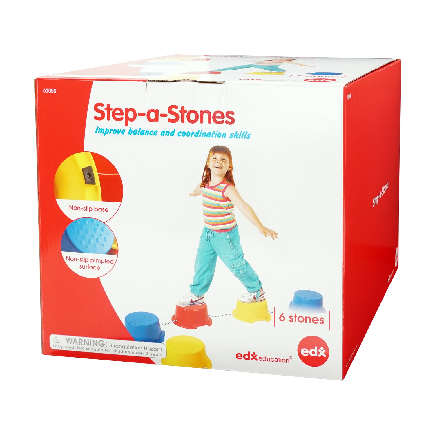 Box of Step-a-Stones educational toy for children with a child playing on top.