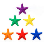 Six textured starfish-shaped items in purple, green, yellow, orange, red, and blue, arranged in a pyramid on a white background.